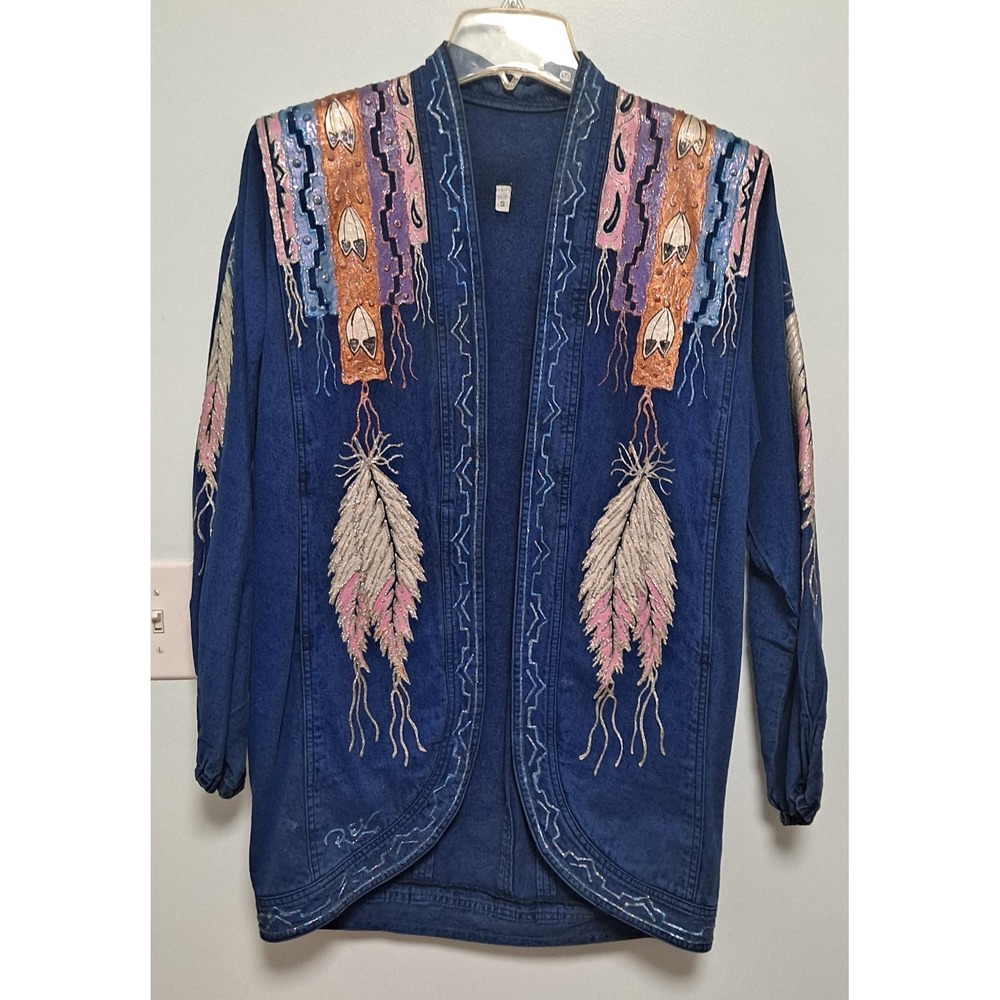 S Vintage 80's Handpainted Denim Kimono Style Jacket Aztec Westerm Style Signed